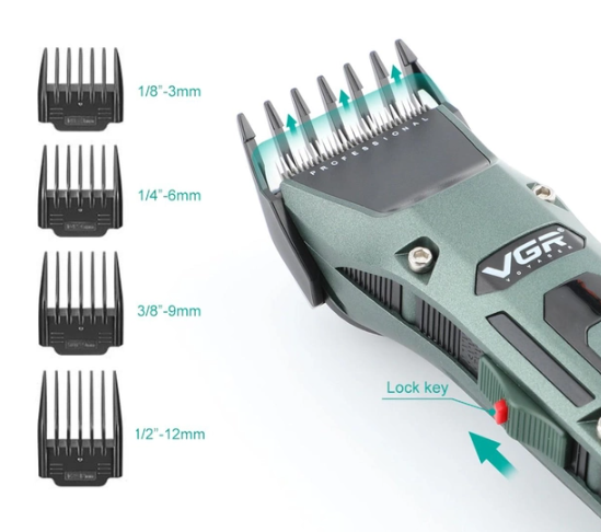 Акумуляторна машинка для стрижки VGR V-696 з насадками та LCD дисплеєм · Бездротовий триммер з зарядною док-станцією · USB зарядка - Зображення 2