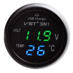 Автомобільний термометр – вольтметр із зарядним пристроєм USB 3 в 1 VST 706-4 у прикурювач авто 12-24В ∙ Зелені/сині цифри