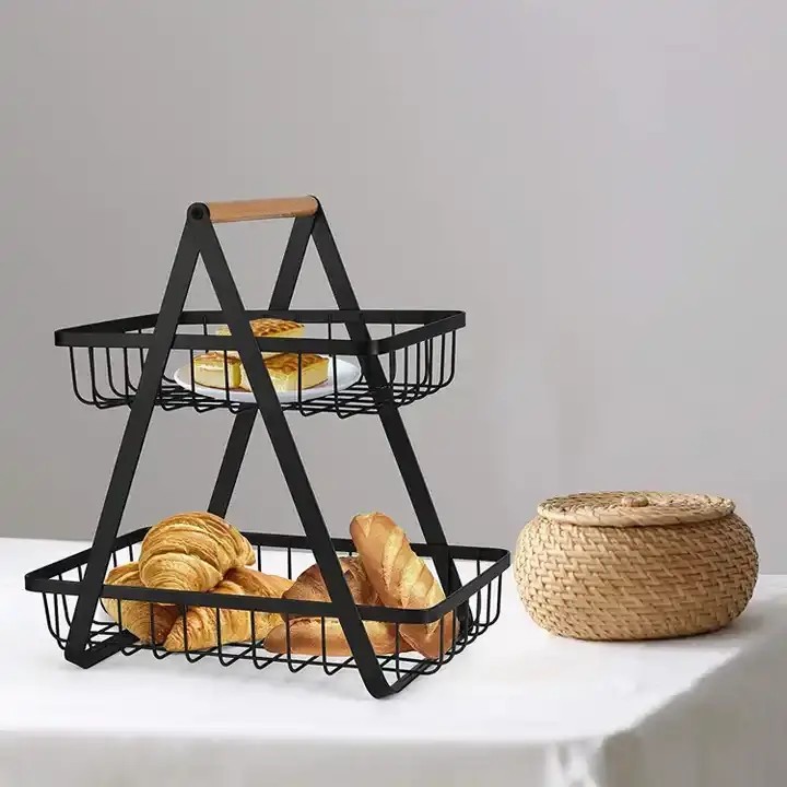 Настільний двоярусний кошик - фруктівниця з дерев'яною ручкою Double Fruit Basket · Розбірний металевий кошик для фруктів - Зображення 3