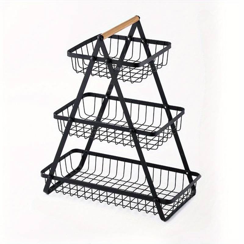 Настільний триярусний кошик - фруктівниця з дерев'яною ручкою Triple Fruit Basket · Розбірний металевий кошик для фруктів - Зображення 2