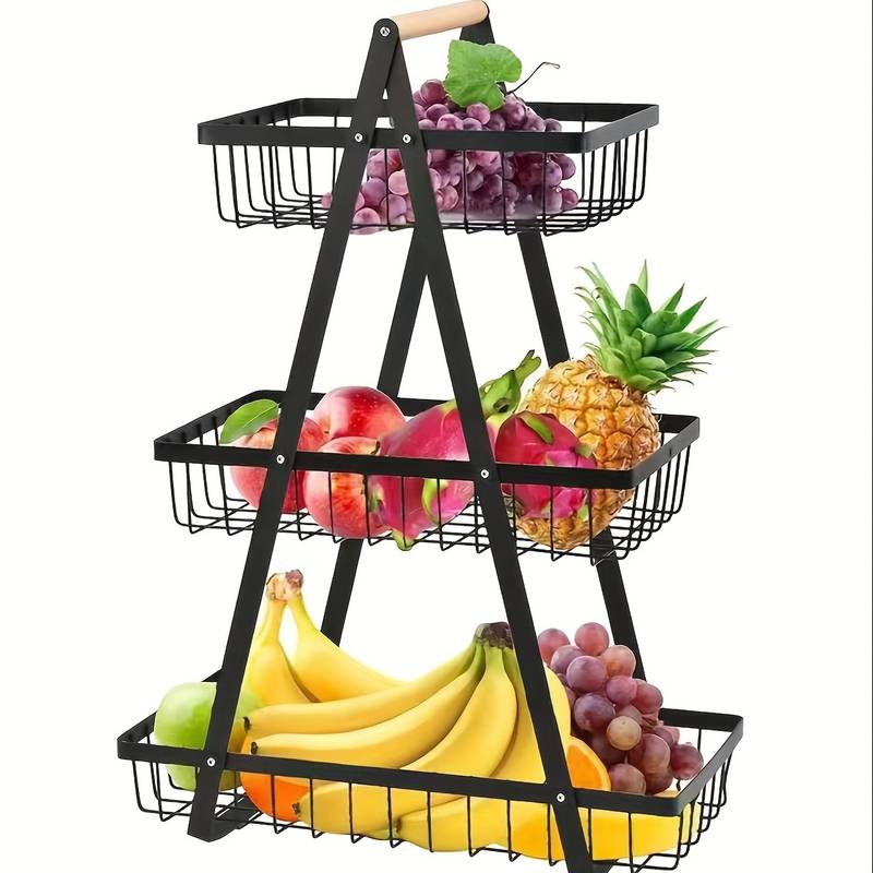 Настільний триярусний кошик - фруктівниця з дерев'яною ручкою Triple Fruit Basket · Розбірний металевий кошик для фруктів - Зображення 3