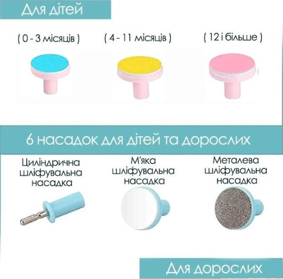 Дитячий триммер для нігтів 6 в 1 Манікюрний набір для дітей та дорослих з насадками для шліфування та полірування в комплекті - Зображення 4