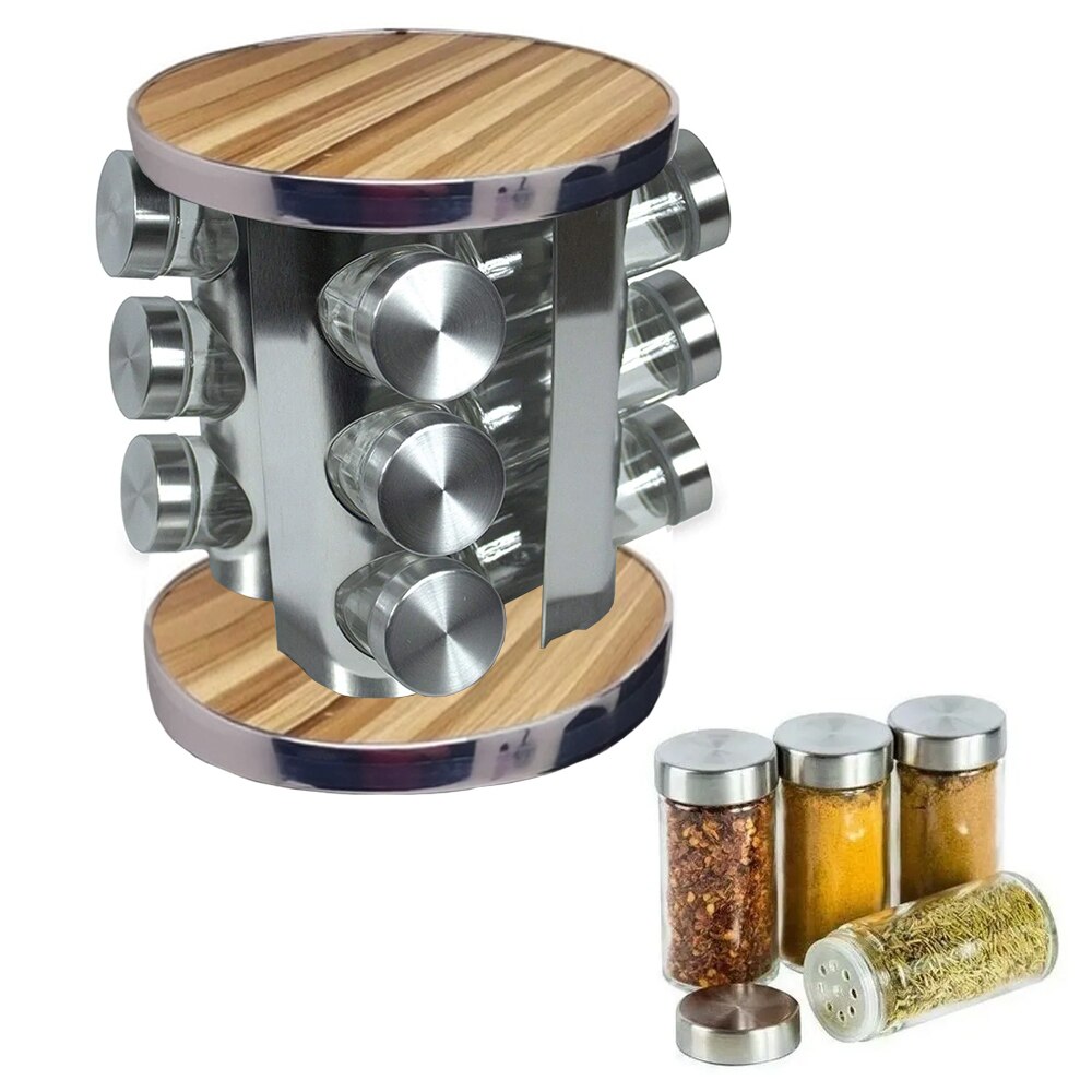 Набір ємностей для спецій Spice Wood Carousel ∙ Карусель - спецівниця на підставці ∙ 12 скляних баночок - Зображення 2