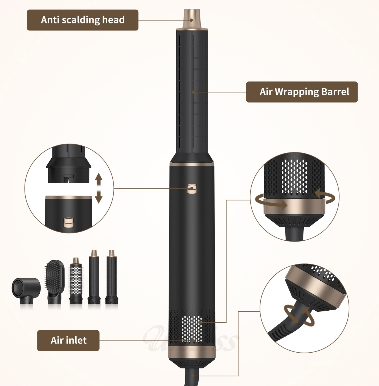 Фен-щітка Hot Air Comb • Фен 5в1 з автоматичними обертовими щипцями для завивки та випрямлення волосся - Зображення 4