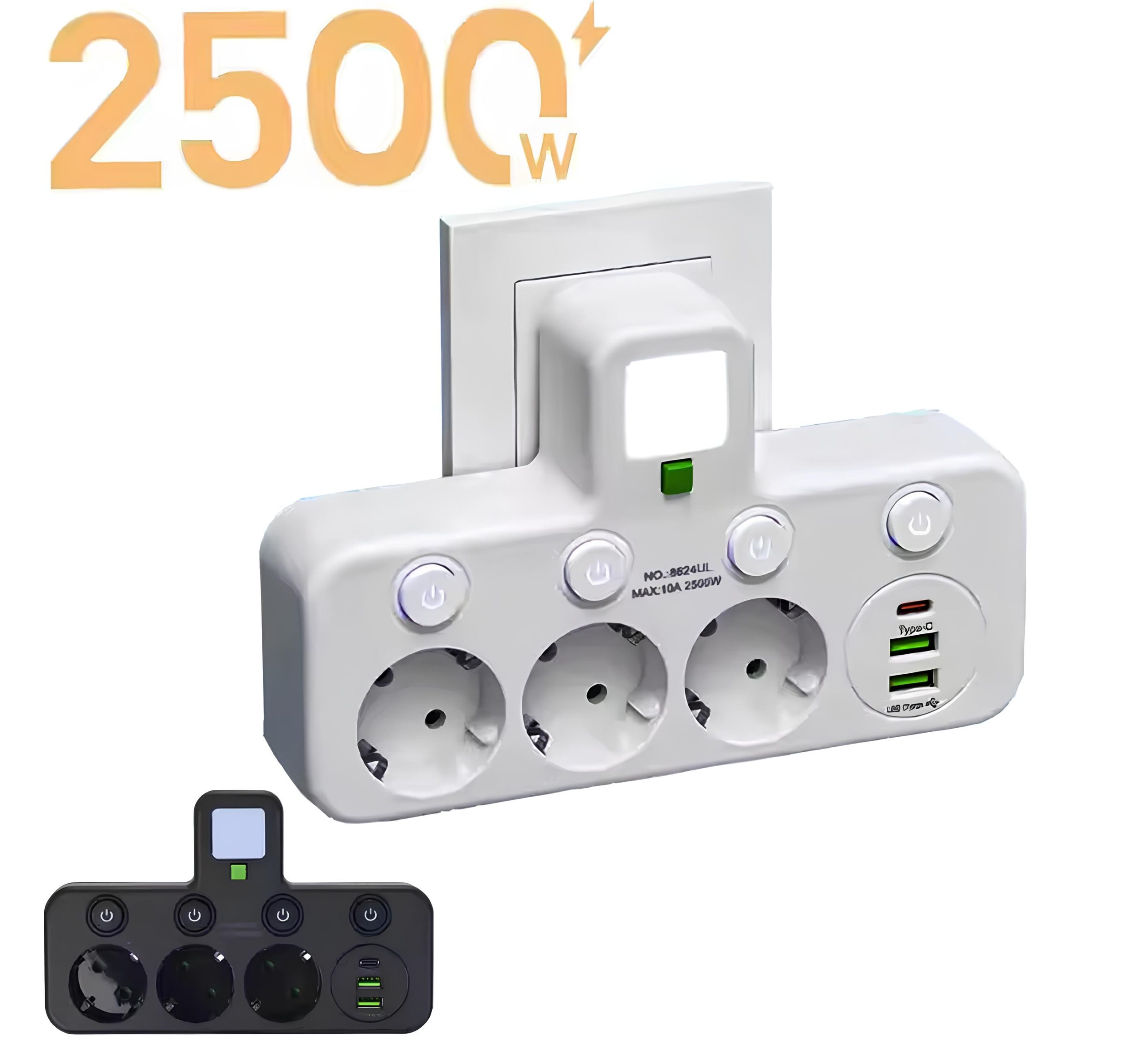 Універсальний перехідник HG-276 2500 Вт з 3 розетками ∙ Трійник з 2 USB + Type C Gtop HG-276 мережевий фільтр з підсвіткою