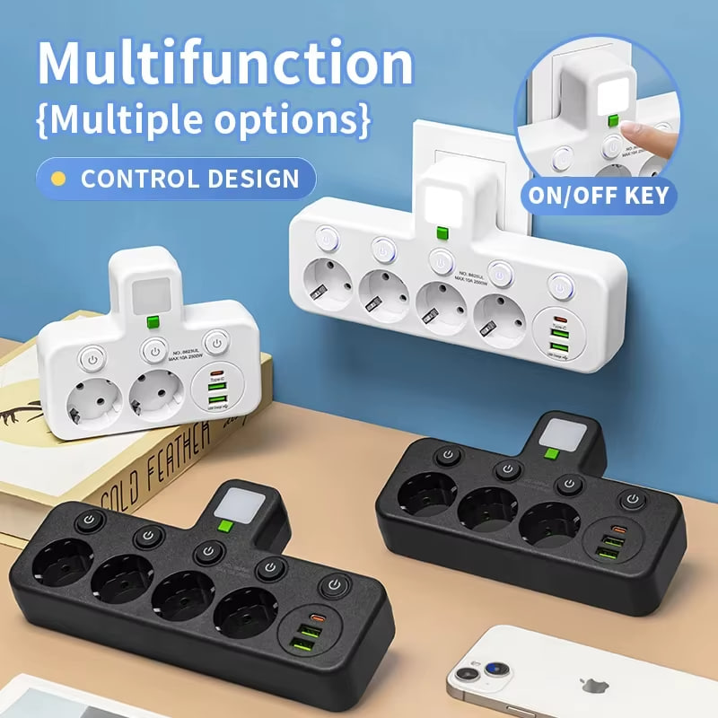 Універсальний перехідник HG-276 2500 Вт з 3 розетками ∙ Трійник з 2 USB + Type C Gtop HG-276 мережевий фільтр з підсвіткою - Зображення 3