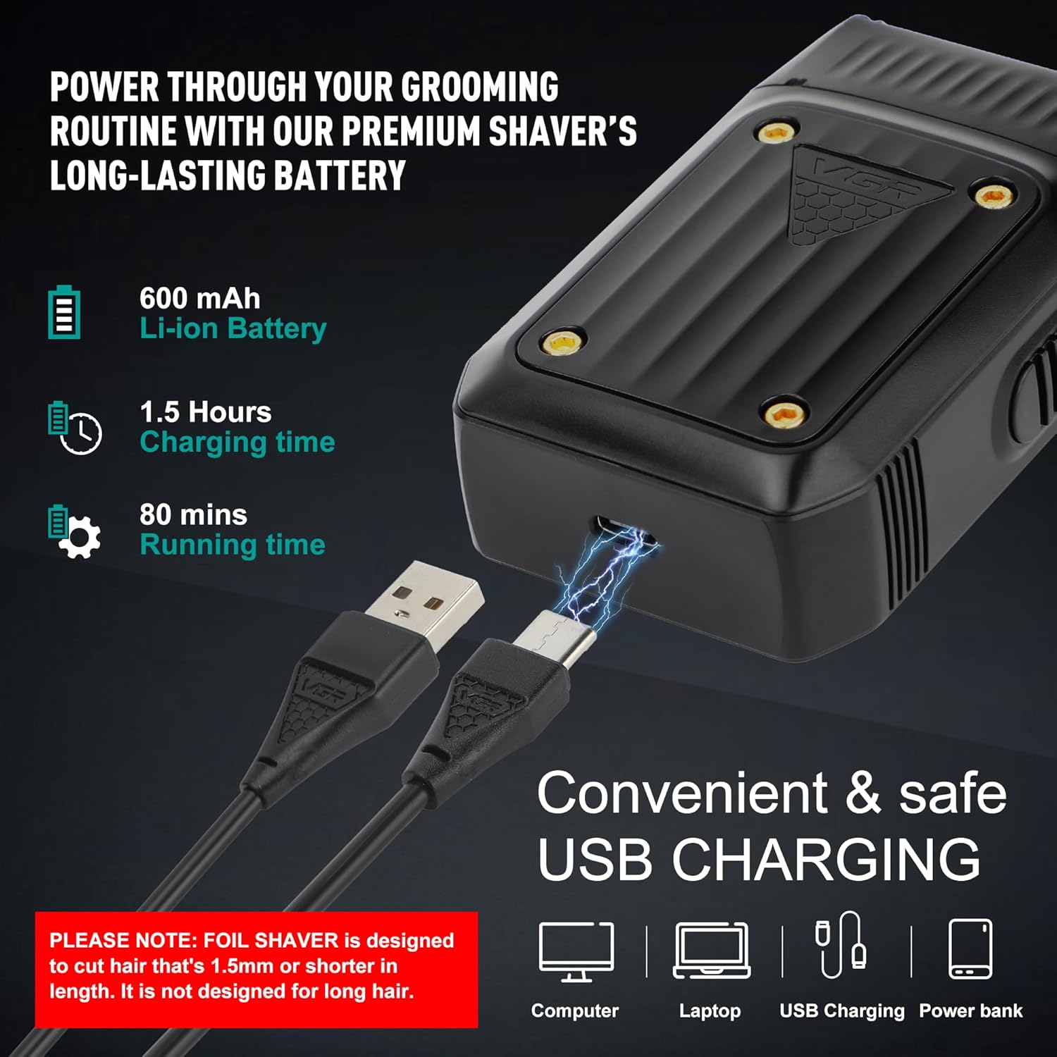Електробритва VGR V-363 з USB-зарядкою та акумулятором ∙ Бритва VGR V-363 – сіткова електробритва для подорожей - Зображення 2
