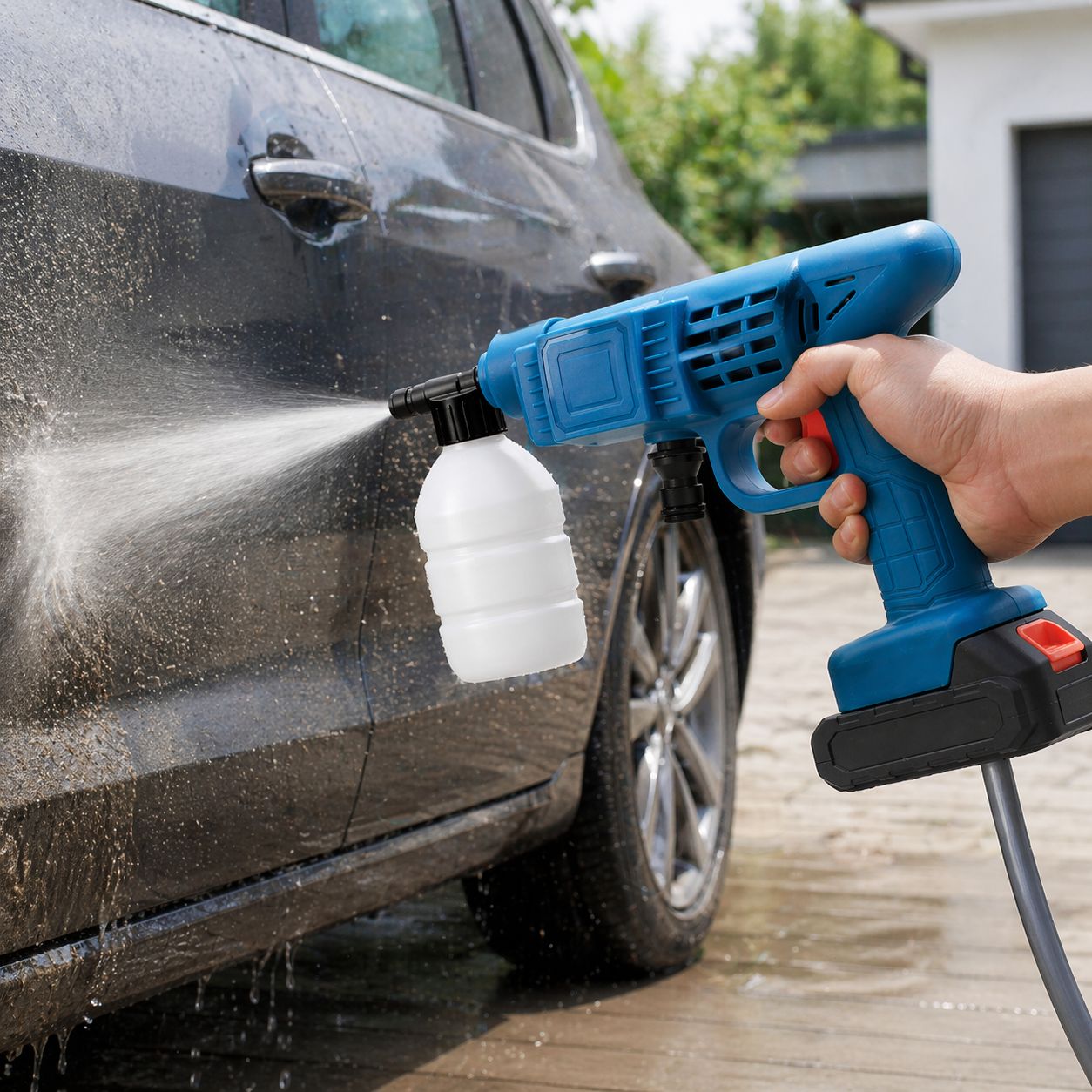 Акумуляторна мийка високого тиску 48V з піногенератором 2 акумулятори синя • Бездротова міні-мийка для автомобіля двору саду та дому - Зображення 4