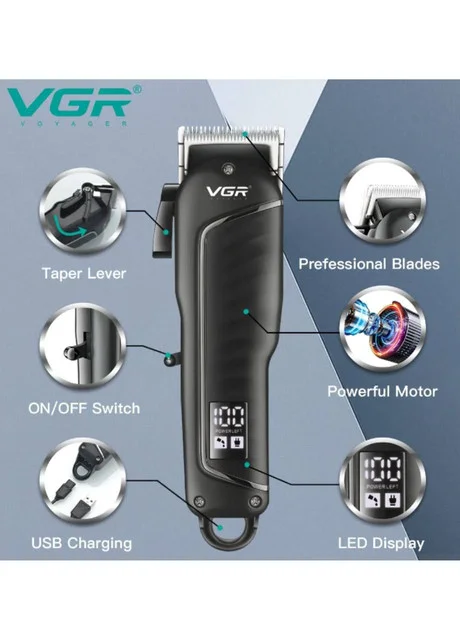 Професійна машинка для стрижки VGR V-683 для волосся та бороди • Акумуляторний тример з LED-дисплеєм, USB-зарядкою та насадками 3/6/9/12 мм - Зображення 4