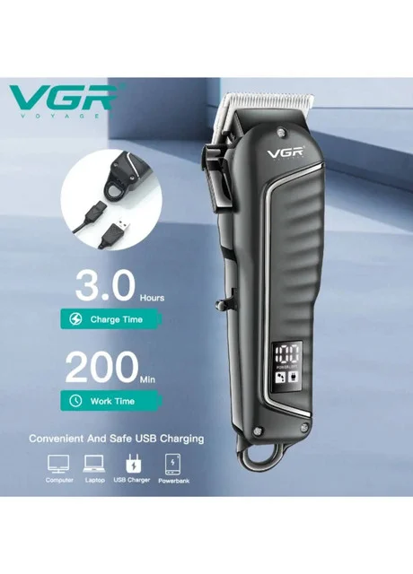 Професійна машинка для стрижки VGR V-683 для волосся та бороди • Акумуляторний тример з LED-дисплеєм, USB-зарядкою та насадками 3/6/9/12 мм - Зображення 5